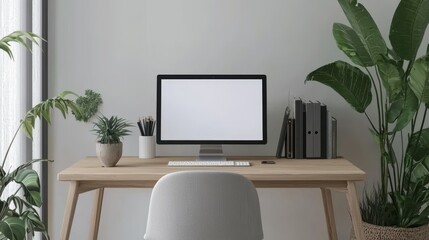 A serene and organized workspace featuring a stylish desk, greenery, and a blank screen inviting focus and creativity, inspiring productivity.