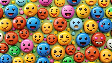 Fototapeta premium Vibrant, colorful emoticon faces with various expressions, from happy to sad, surprised to angry, scattered across a