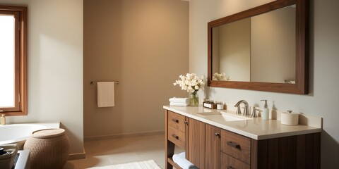Serene Bathroom with Wooden Vanity and Soft Lighting