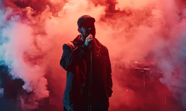 Artist rapper at a music concert on stage singing seen from the back with pink and blue smoke. Hip hop rap artist live performance. Video