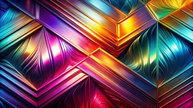Vibrant, gradient-hued background with metallic, reflective finish, featuring bold, abstract brushstrokes and geometric