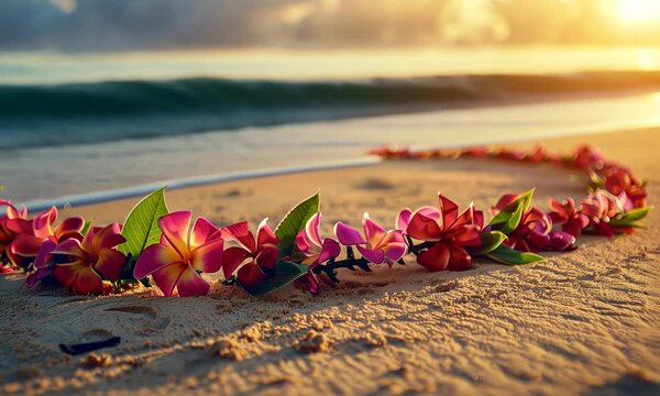 A vibrant lei rests on a sandy beach as the sun sets over the tranquil sea