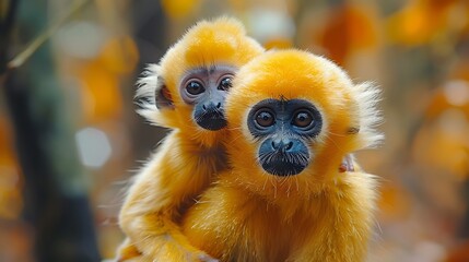 Two golden monkeys, one adult and one young, are looking at the camera. They are in a forest.