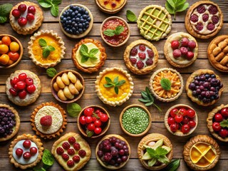 Fototapeta premium Vibrant arrangement of 100 assorted pies, including fruit, cream, and savory varieties, arranged in a colorful grid on