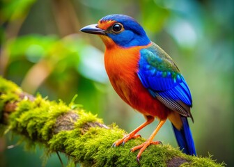 Obraz premium Vibrant blue and orange plumage glistens on a perched bird, its intricate feathers and delicate legs showcased against