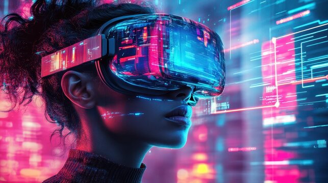 A woman engages with virtual reality technology, surrounded by neon colors and dynamic digital graphics in a futuristic backdrop