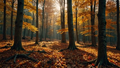 Fototapeta premium autumn forest in the morning