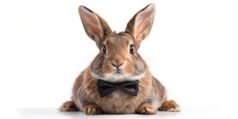 Obraz premium A Brown Bunny with a Black Bow Tie, White Background, Portrait, Cute Rabbit, Easter, Pet, Animal