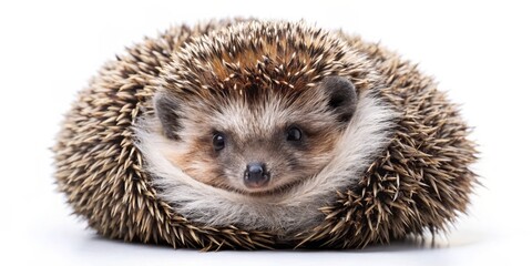 A Close-Up of a Hedgehog Curled Up in a Ball, Isolated on White, Hedgehog, Animal, Spiky, Mammal