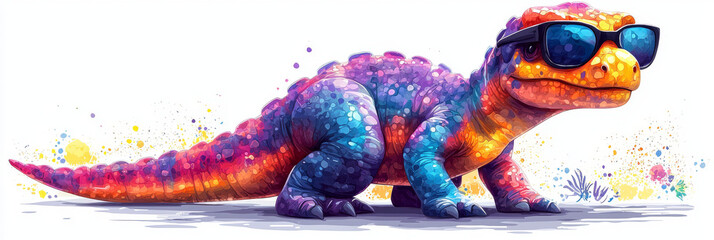 A colorful dinosaur with sunglasses looks cool and confident.
