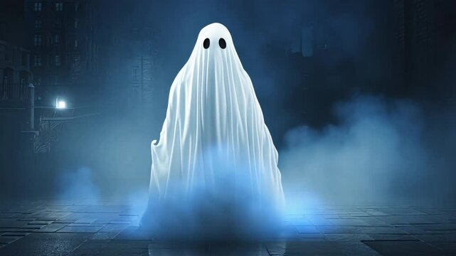 A ghostly figure stands in the misty night, surrounded by a foggy atmosphere