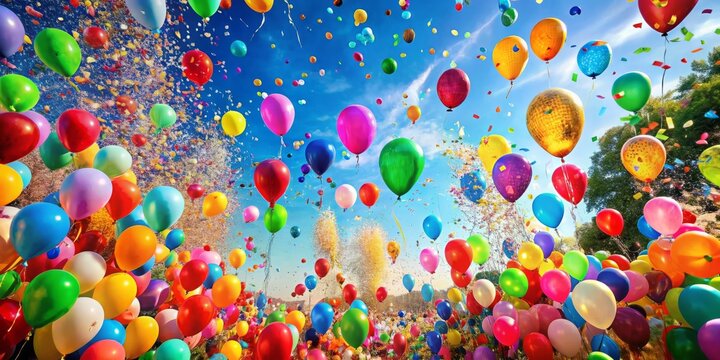 Vibrant colorful confetti explosions fill the air, surrounding joyful celebratory atmosphere, balloons, and streamers