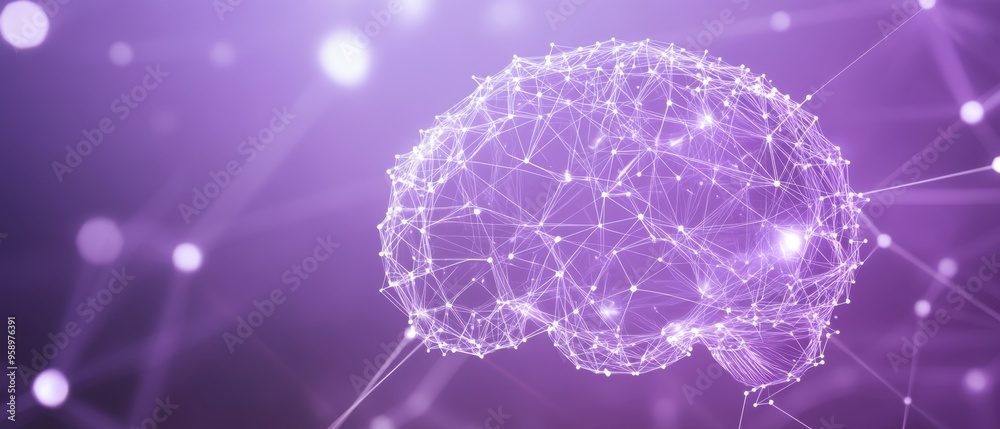 Poster a purple background with an illustration of interconnected nodes forming the shape and outline of a 