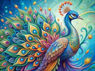 Fototapeta premium Vibrant colorful illustration of a majestic peacock with intricate feathers, bold lines, and whimsical patterns, set