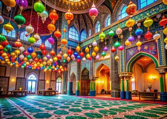 Obraz premium Vibrant colors and intricate patterns adorn a beautifully decorated mosque during Eid celebrations, with lanterns,