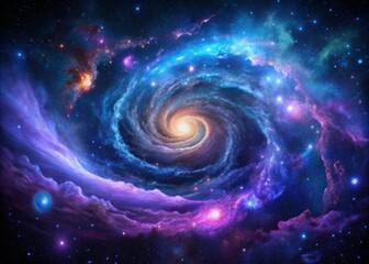 Fototapeta premium Vibrant cosmic landscape featuring swirling purple and blue gas clouds, shimmering stars, and a majestic spiral galaxy