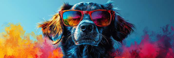 Cool dog wearing sunglasses with a colorful background.