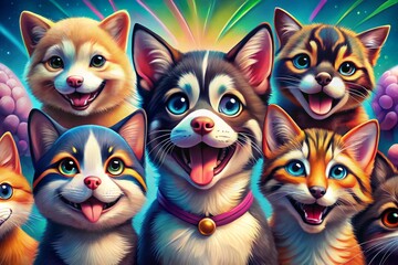 Fototapeta premium Vibrant digital illustrations of smiling cats, dogs, monkeys, and penguins with expressive eyes and colorful