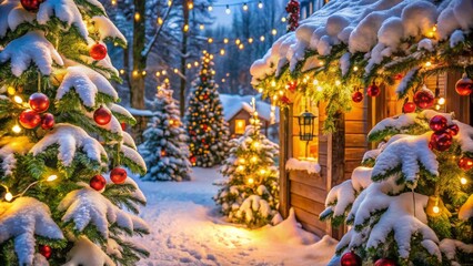 Fototapeta premium Vibrant festive decorations, sparkling fairy lights, and lush greenery adorn a snow-covered winter wonderland, evoking