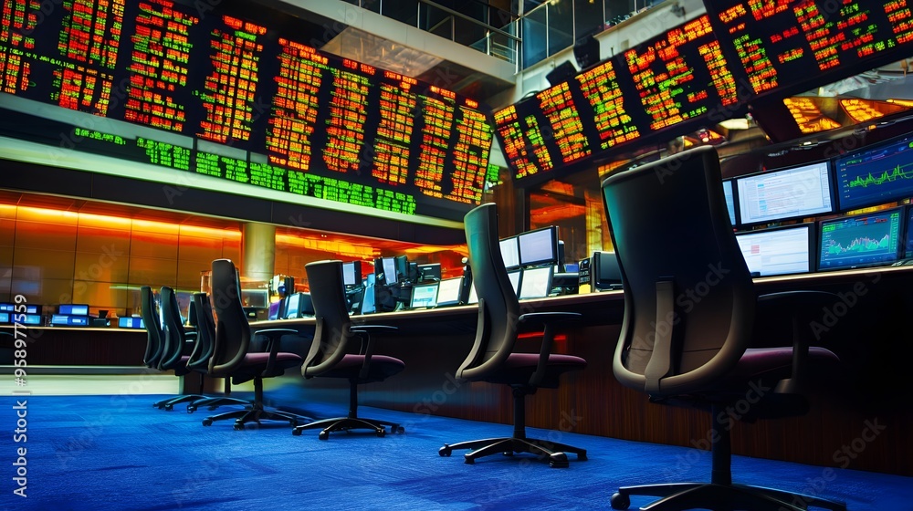 Poster a row of empty chairs in a stock trading room with a large digital display showing stock prices.