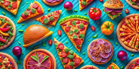 Fototapeta premium A Playful Pizza and Burger Feast, 3D Render, Food Photography, Blue Background, Food Styling, Pizza, Burger
