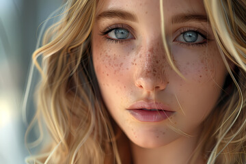 Fototapeta premium Close-up portrait of a young Caucasian woman with flowing blonde hair and striking blue eyes, showcasing natural beauty and soft freckles.