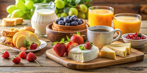 A Rustic Table Setting with Creamy Brie Cheese, Fresh Fruit, and a Cup of Coffee, Breakfast, Food Photography, Cheese Board, Table Setting