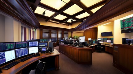A modern stock trading room with multiple computer screens displaying stock market data.