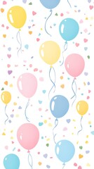 Whimsical Kawaii Pastel Balloons and Confetti Pattern on White Background for Playful Designs