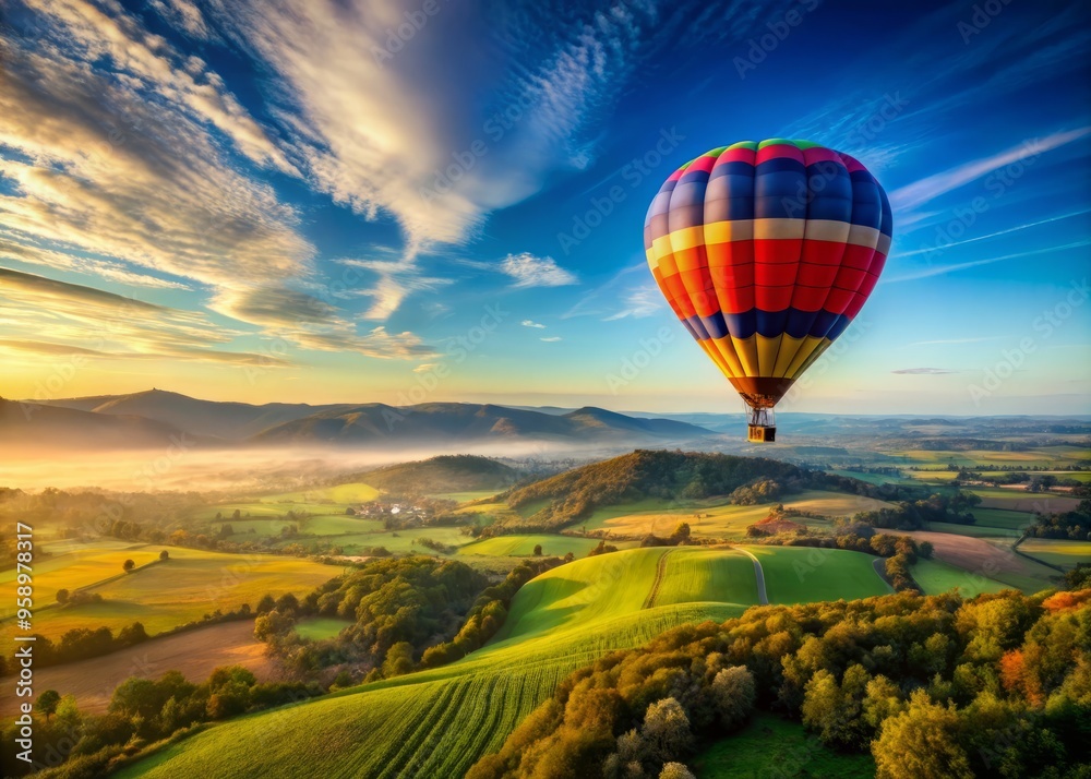 Wall mural Vibrant hot air balloon soars above serene landscape, its vibrant colors and intricate patterns contrasting with the