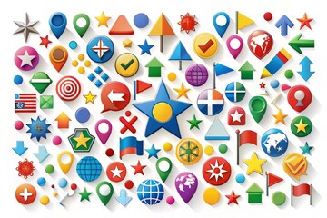 Vibrant icons of various shapes and colors, including arrows, flags, and stars, scattered across a white background,