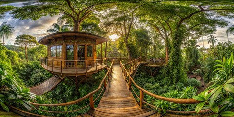 Obraz premium A Treehouse in the Jungle, 360 Degree Panoramic, Wooden Structure, Lush Greenery, Canopy Walkway, Tropical Paradise, Treehouse