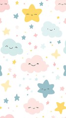 Whimsical Pastel Stars and Clouds Pattern in Kawaii Style on White Background - Cute and Simple Design for Kids