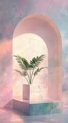 A podium with a soft, glowing texture, radiating a calming pastel color palette