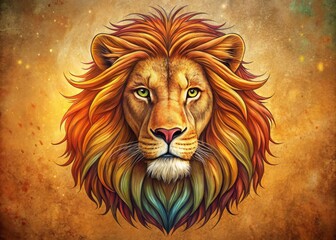 Fototapeta premium Vibrant illustration of a regal lion's majestic head, rendered in bold lines and warm colors, set against a