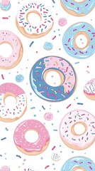 Sweet Pastel Donuts and Sprinkles Pattern in Kawaii Style on White Background