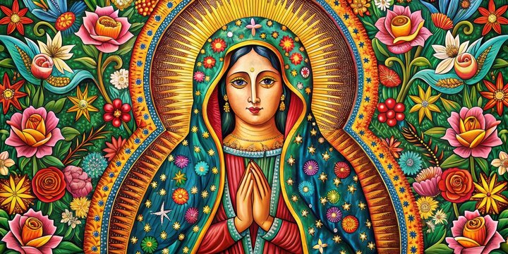 Vibrant illustration of a revered Mexican icon, adorned with intricate details and symbolic motifs, radiating warmth