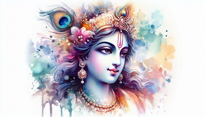 Obraz premium A portrait of god Krishna in a soft, watercolor style texture soft,pastel background