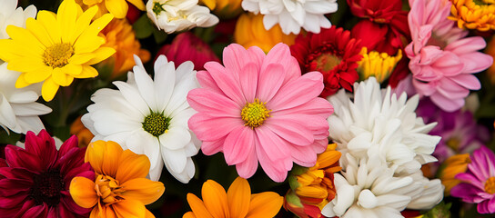 Vibrant Floral Bouquet with Pink, Yellow, Orange, White Flowers, Close-up for Spring and Summer Design