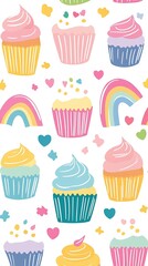 Sweet Pastel Rainbows and Cupcakes Pattern in Kawaii Style on White Background.