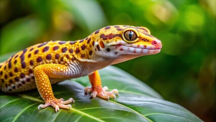 Fototapeta premium Vibrant leopard-like gecko with yellow and brown camouflage patterns perches on a leaf, its tiny feet grasping gently,