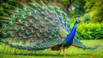 Obraz premium Vibrant male peacock stands proudly in lush green meadow, spreading magnificent iridescent blue and green plumage,