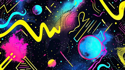 an 80s inspired poster background, featuring abstract illustrations and shapes, quirky neon artwork
