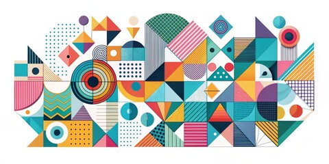 Obraz premium Abstract Geometric Pattern with Circles, Triangles, and Squares, Color, Graphic Design, Pattern