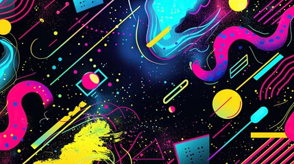 an 80s inspired poster background, featuring abstract illustrations and shapes, quirky neon artwork