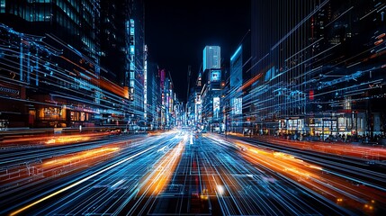 Obraz premium Futuristic Cityscape: Color Pencil-Style Illustration With Neon Lights, Virtual 3D Elements, and AI Connectivity