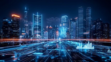 Naklejka premium Vibrant Urban Innovation: Doodle Cityscape with Neon Signs and 3D Visualizations in Night Scene