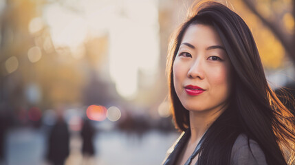 Obraz premium Confident Asian woman with red lipstick in a bustling city at golden hour.