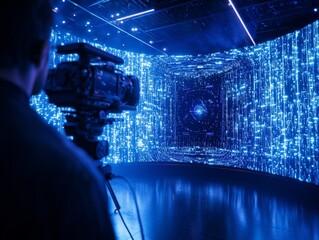 A cameraman films a captivating blue and black light display. The camera is facing a wall of lights with a glowing sphere at the center.