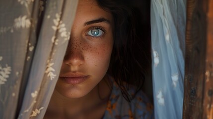 Obraz premium A young woman with blue eyes and freckles peeks through a sheer curtain.